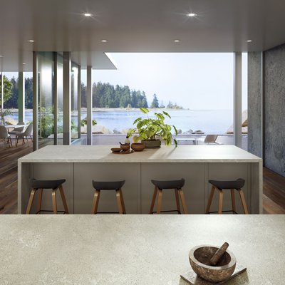 view of a Quartz Coast-Feature countertop made by HanStone Quartz looking out on to the lake.